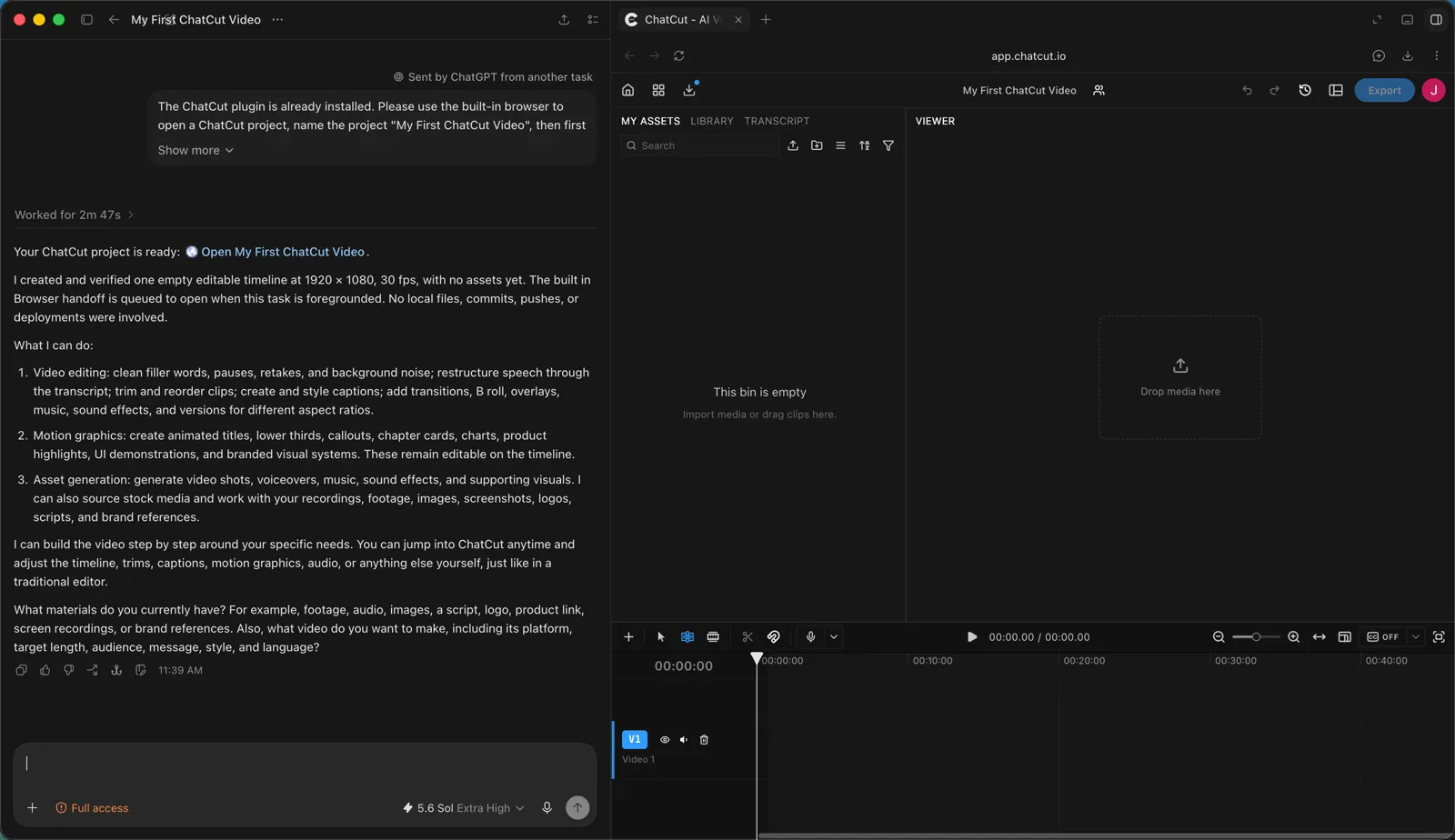 ChatGPT confirming a new project while the empty editable ChatCut timeline is open beside it