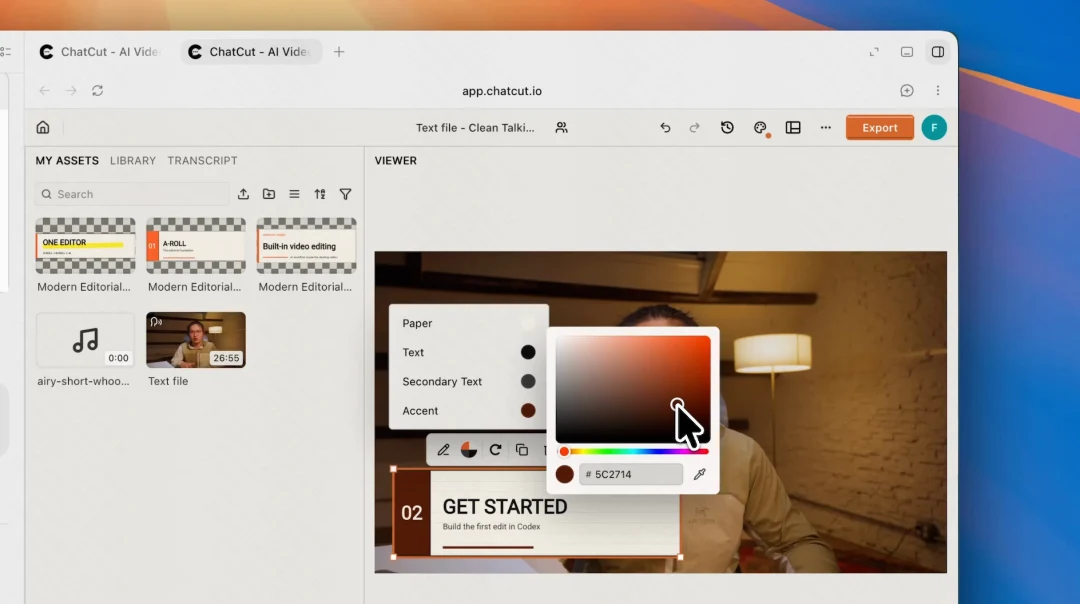 The ChatCut Motion Graphics editor with color controls for paper, text, secondary text, and accent