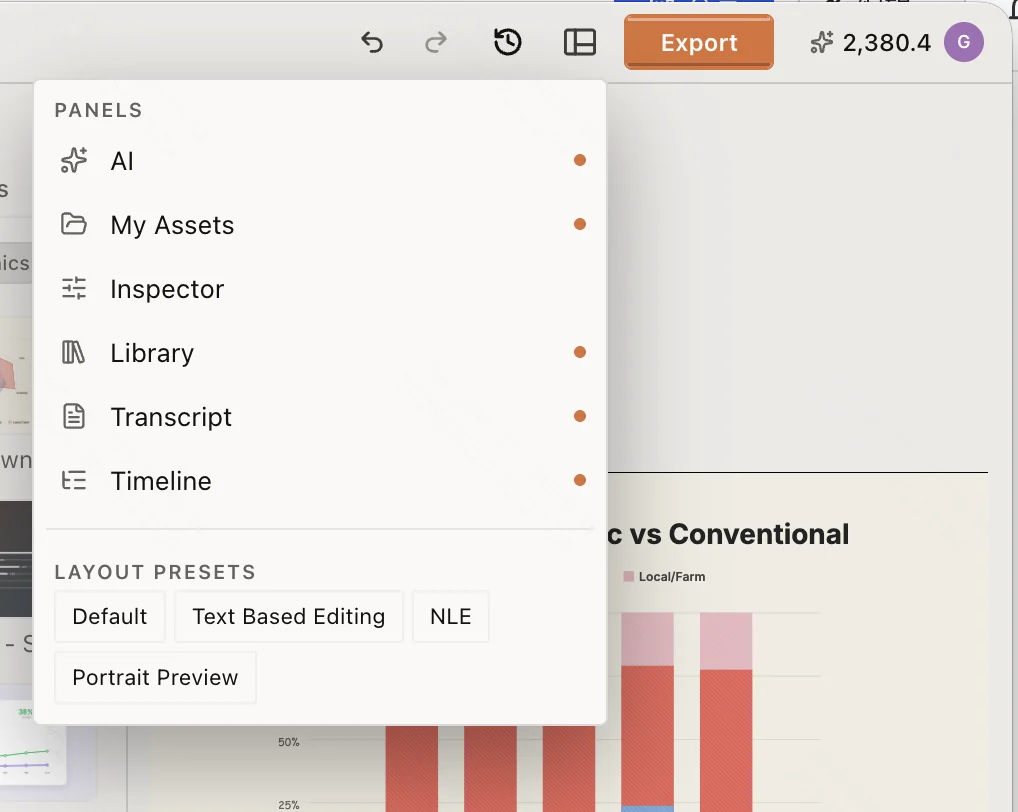 The ChatCut Workspace menu with AI, My Assets, Inspector, Library, Transcript, and Timeline enabled