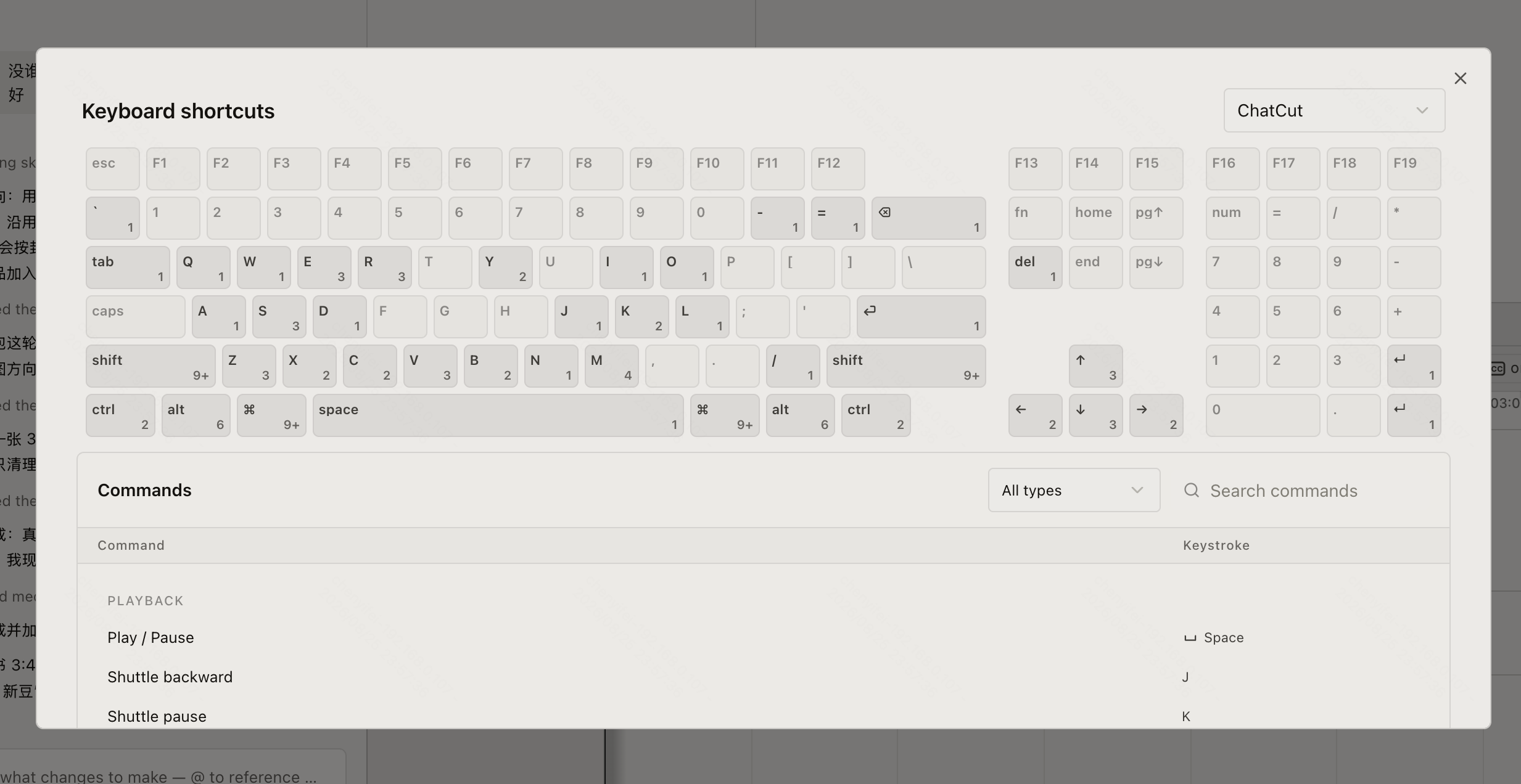 Keyboard map, preset picker, type filter, and command search in the Keyboard shortcuts dialog