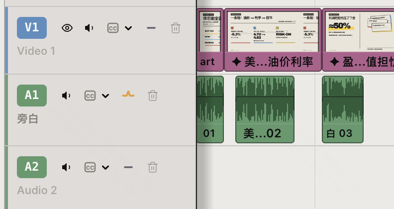 Visibility, volume, captions, lock, and other controls in video and audio track headers