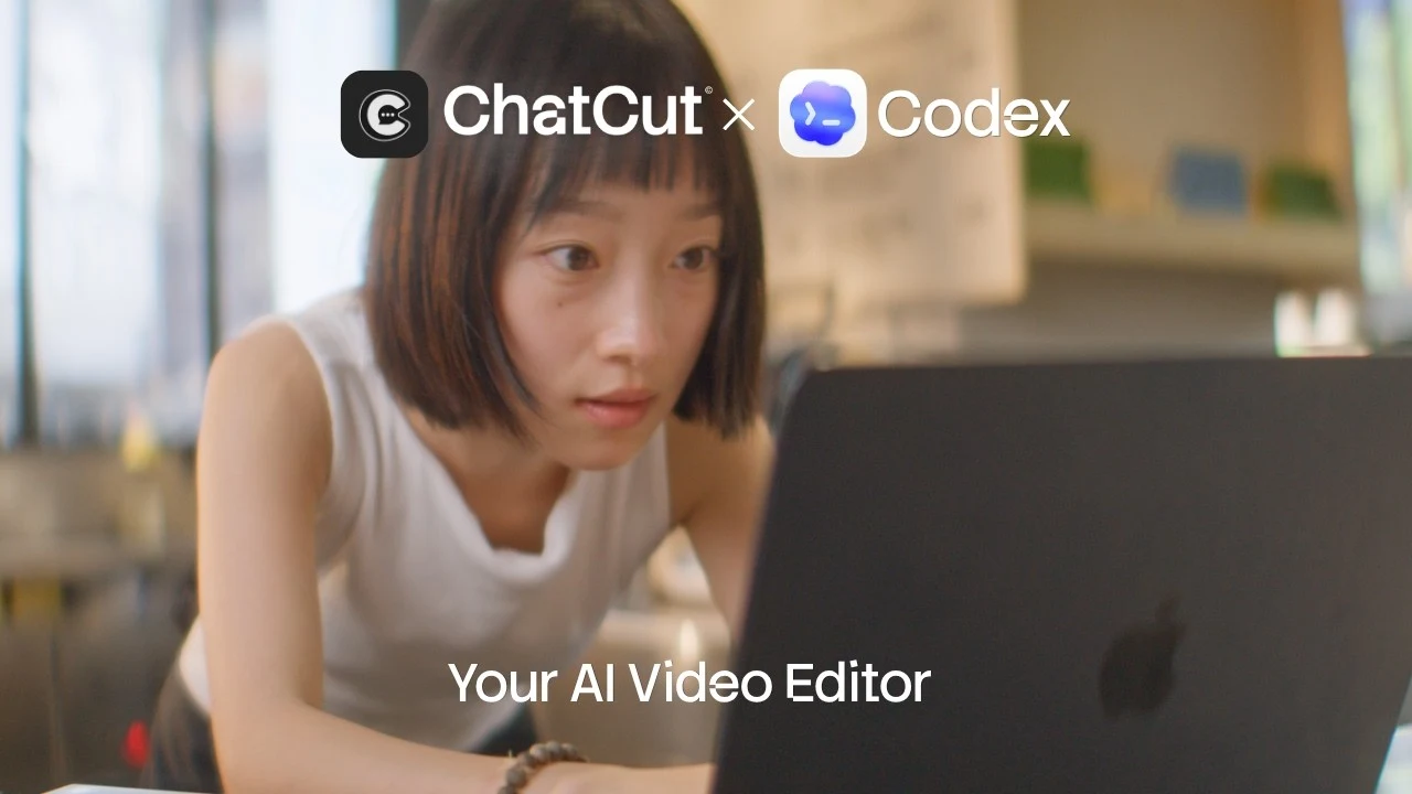 Ask ChatGPT to edit a video and it turns on the ChatCut plugin — ChatCut's timeline, player, and asset panels slide in next to ChatGPT.